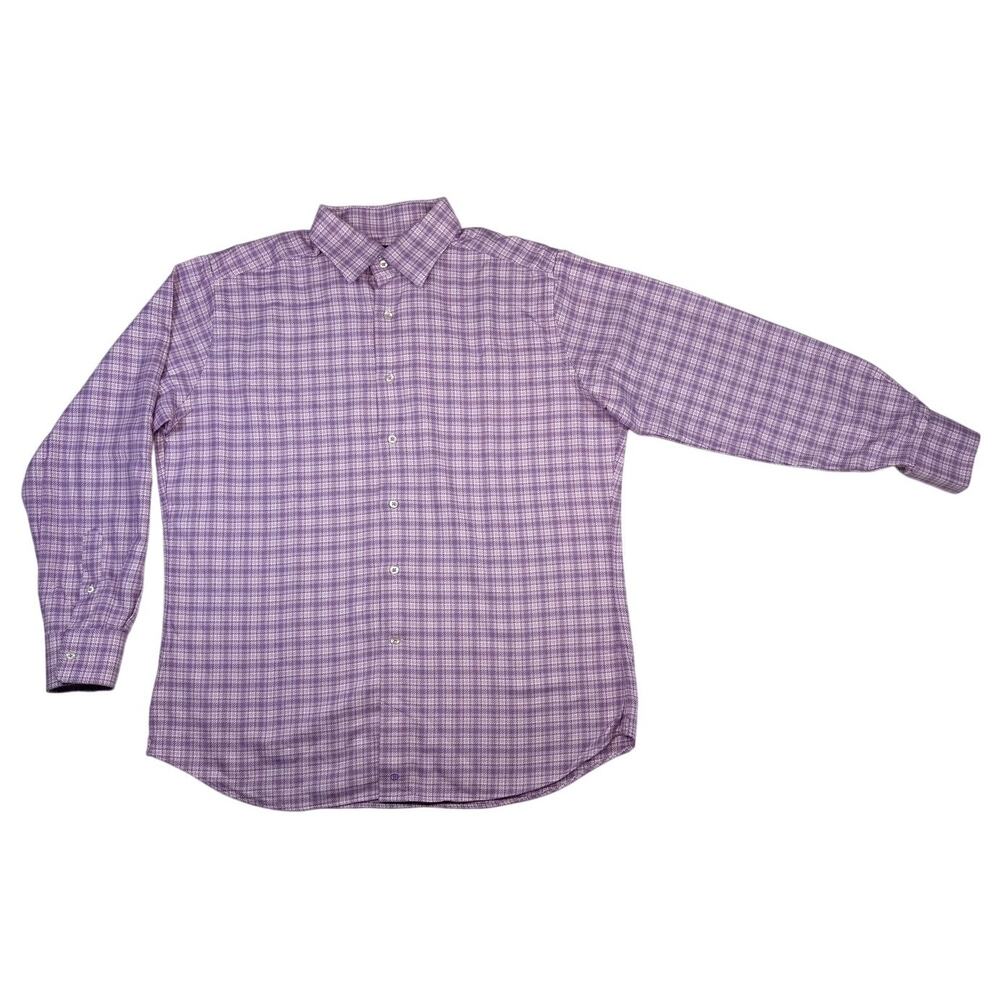 David Donahue Men's 17.5 34/35 Trim Fit Dress Shirt - Purple White Plaid